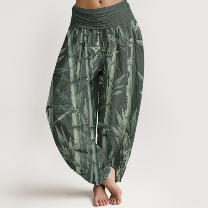Pantaloni harem da donna con elastico in vita, in puro cotone, casual, con motivo a foglie di bambù, motivo Buddha Stones