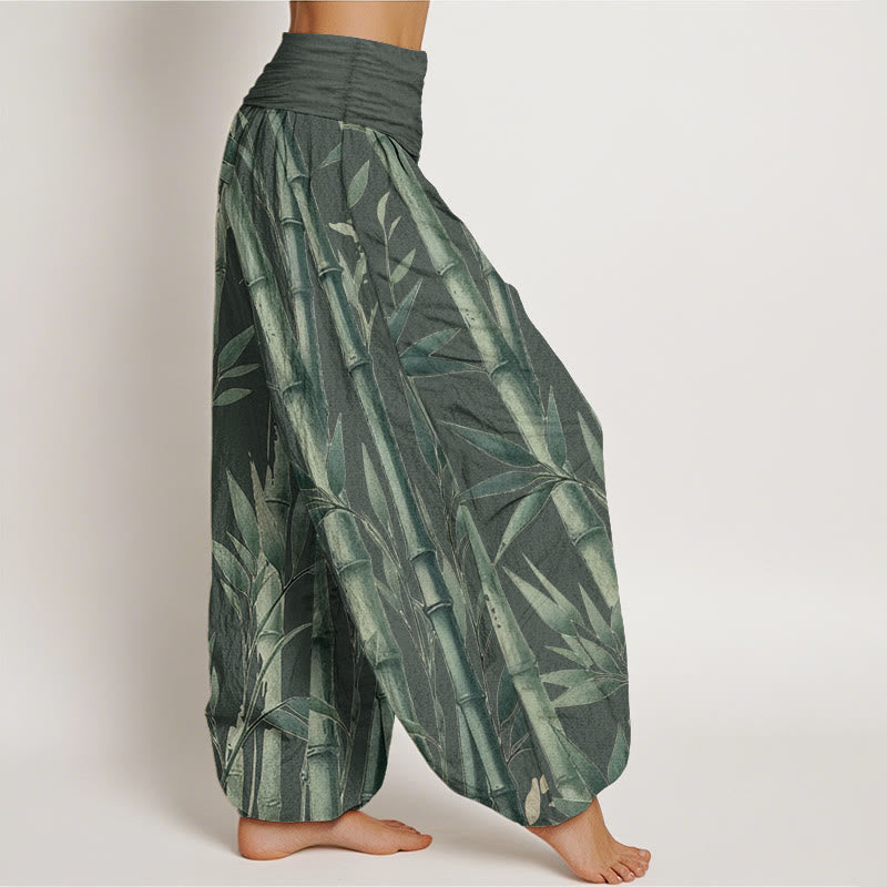 Pantaloni harem da donna con elastico in vita, in puro cotone, casual, con motivo a foglie di bambù, motivo Buddha Stones