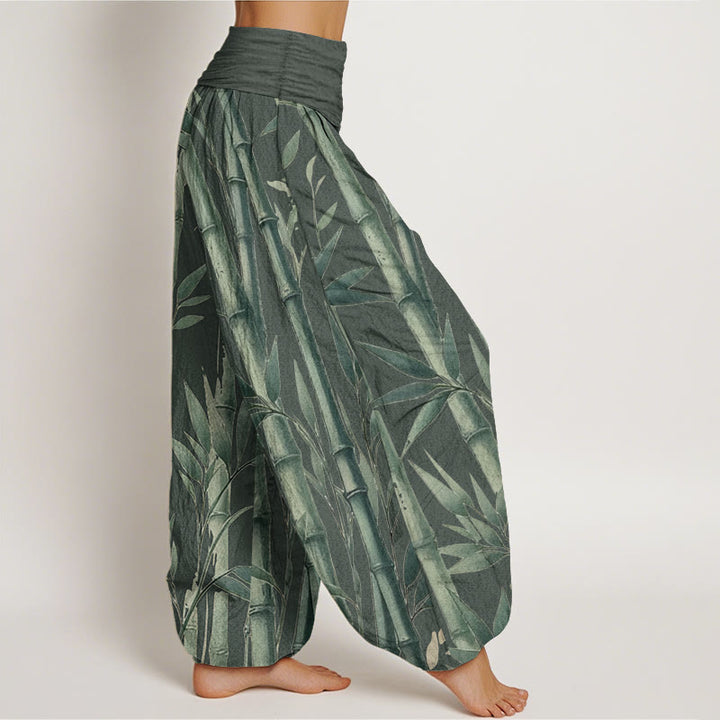 Pantaloni harem da donna con elastico in vita, in puro cotone, casual, con motivo a foglie di bambù, motivo Buddha Stones