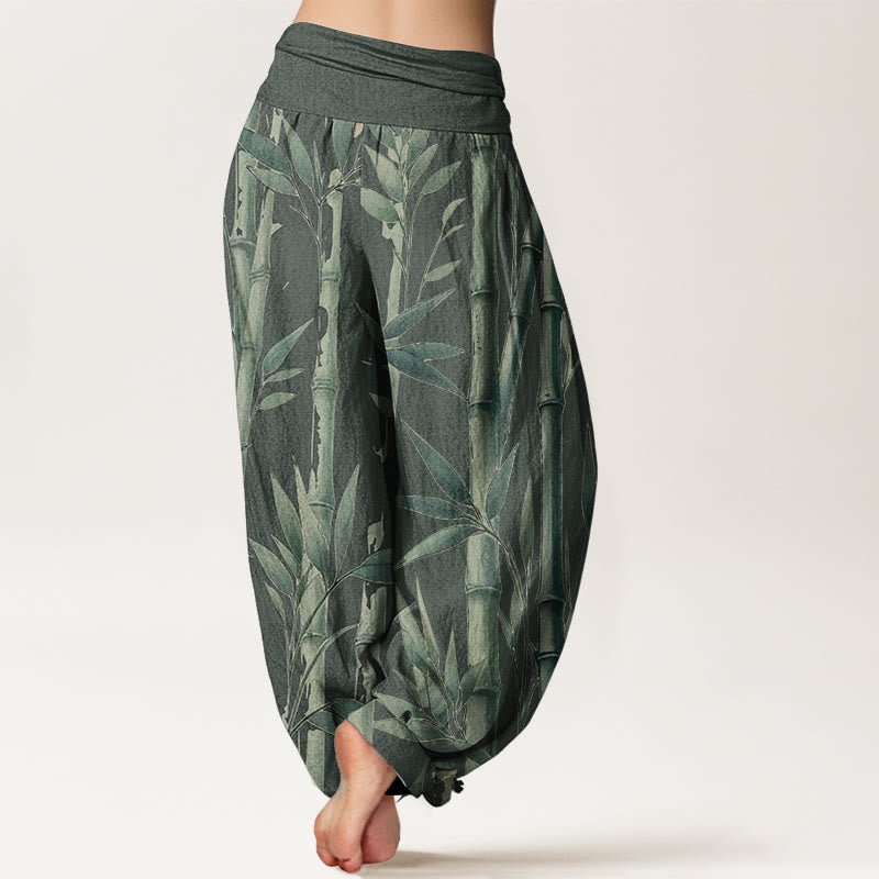 Pantaloni harem da donna con elastico in vita, in puro cotone, casual, con motivo a foglie di bambù, motivo Buddha Stones