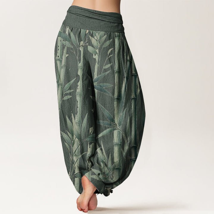 Pantaloni harem da donna con elastico in vita, in puro cotone, casual, con motivo a foglie di bambù, motivo Buddha Stones