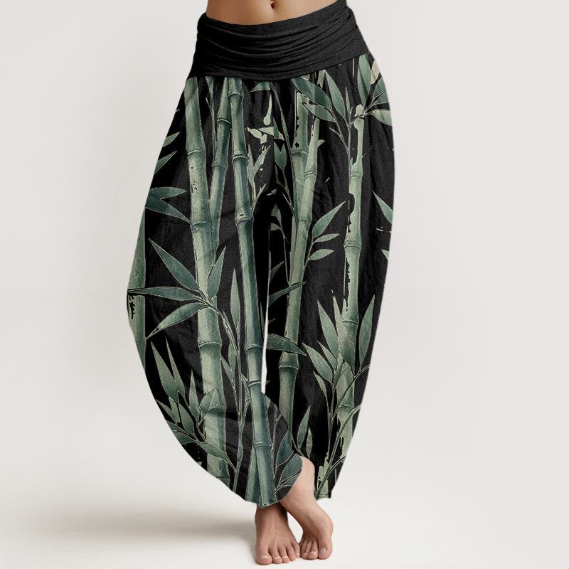 Pantaloni harem da donna con elastico in vita, in puro cotone, casual, con motivo a foglie di bambù, motivo Buddha Stones
