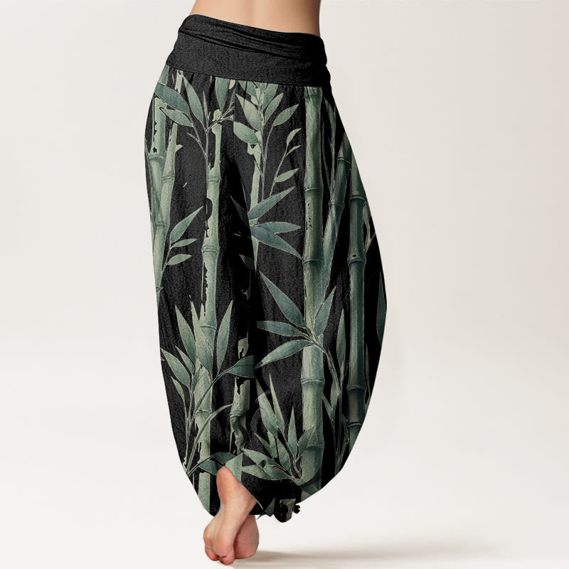 Pantaloni harem da donna con elastico in vita, in puro cotone, casual, con motivo a foglie di bambù, motivo Buddha Stones