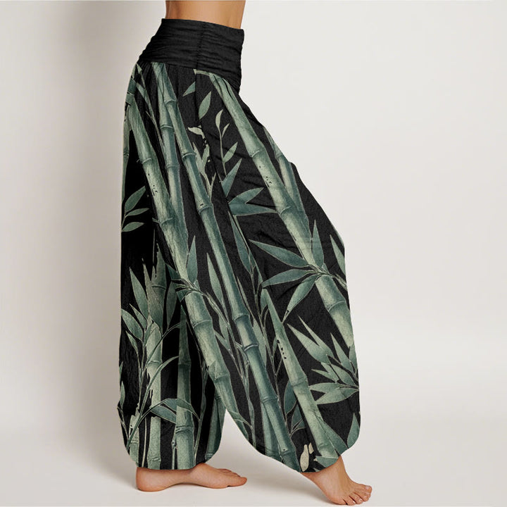 Pantaloni harem da donna con elastico in vita, in puro cotone, casual, con motivo a foglie di bambù, motivo Buddha Stones