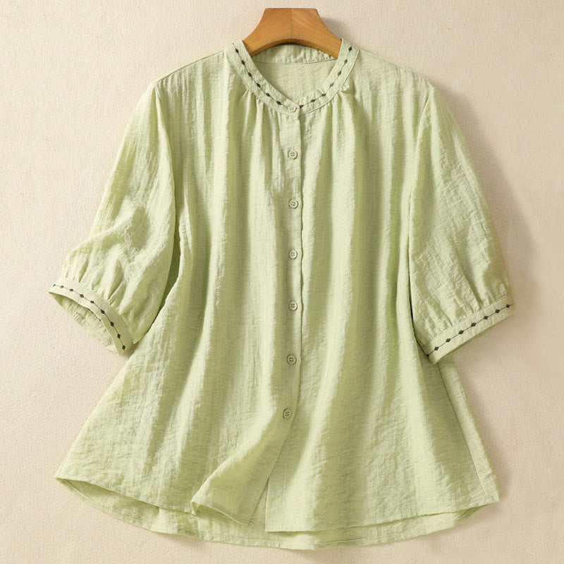 Maglietta girocollo da donna in cotone con bottoni e ricamo Buddha Stones - Verde chiaro - US14, UK/AU18, EU46 (2XL) - image 1