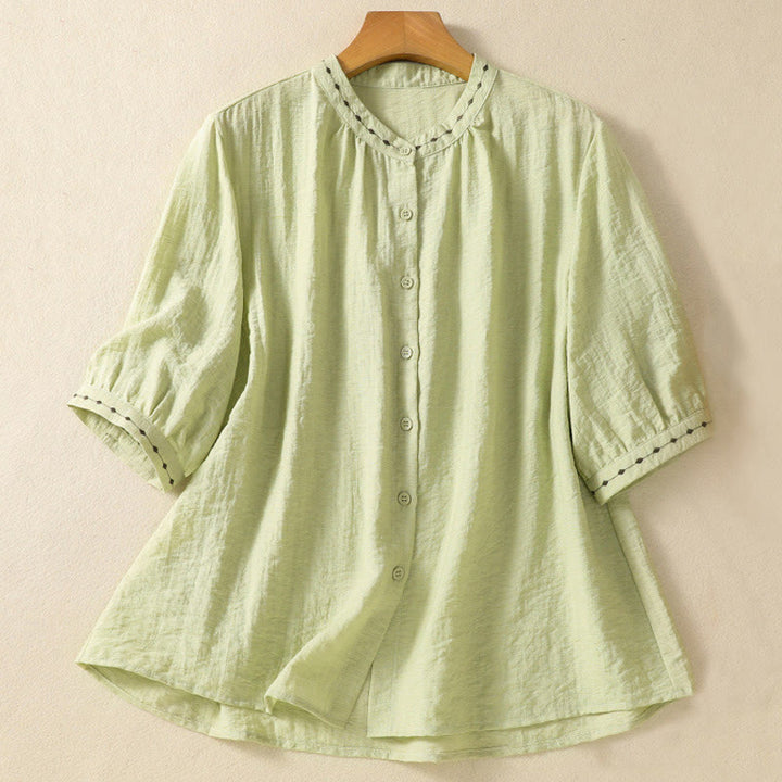 Maglietta girocollo da donna in cotone con bottoni e ricamo Buddha Stones - Verde chiaro - US14, UK/AU18, EU46 (2XL) - image 1