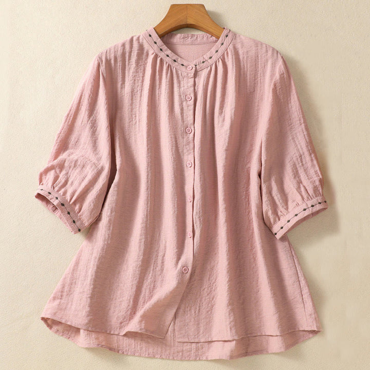 Maglietta girocollo da donna in cotone con bottoni e ricamo Buddha Stones - Rosa - US14, UK/AU18, EU46 (2XL) - image 10