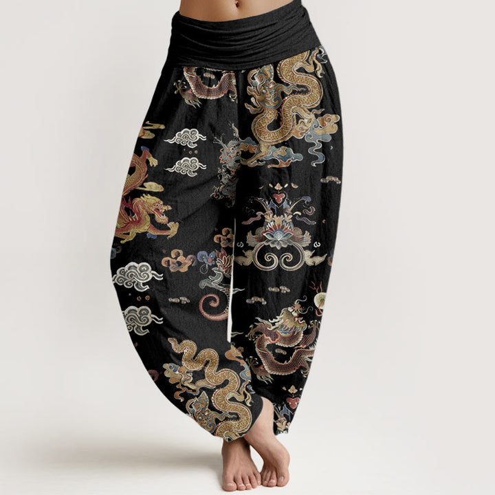 Pantaloni harem da donna in cotone elasticizzato con motivo a nuvole di buon auspicio e draghi dorati, motivo Buddha Stones