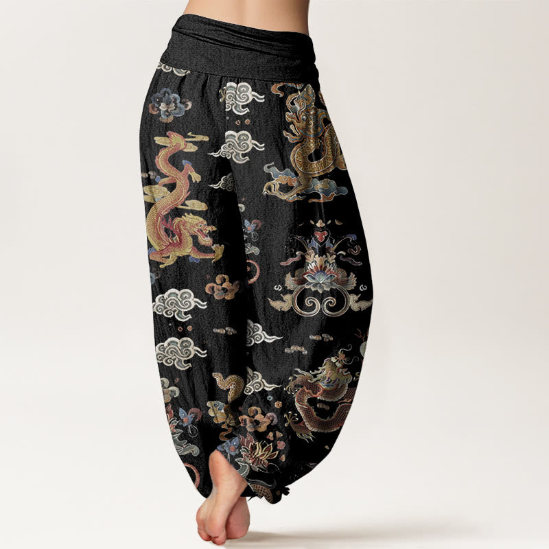 Pantaloni harem da donna in cotone elasticizzato con motivo a nuvole di buon auspicio e draghi dorati, motivo Buddha Stones