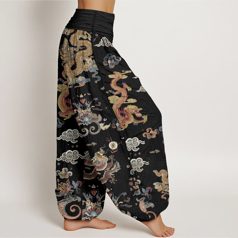 Pantaloni harem da donna in cotone elasticizzato con motivo a nuvole di buon auspicio e draghi dorati, motivo Buddha Stones
