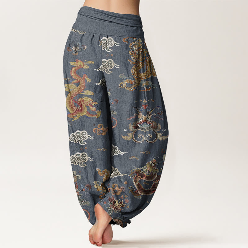 Pantaloni harem da donna in cotone elasticizzato con motivo a nuvole di buon auspicio e draghi dorati, motivo Buddha Stones
