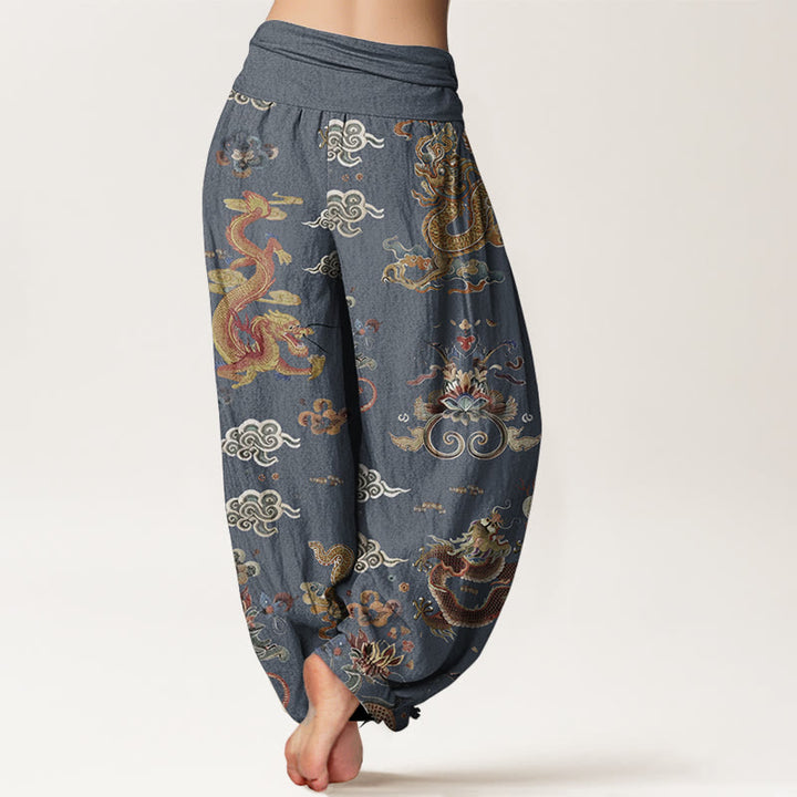 Pantaloni harem da donna in cotone elasticizzato con motivo a nuvole di buon auspicio e draghi dorati, motivo Buddha Stones