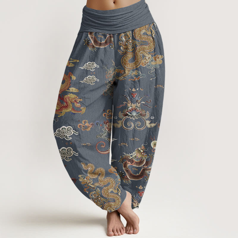 Pantaloni harem da donna in cotone elasticizzato con motivo a nuvole di buon auspicio e draghi dorati, motivo Buddha Stones