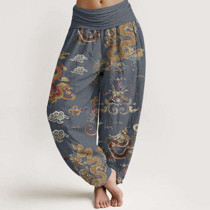 Pantaloni harem da donna in cotone elasticizzato con motivo a nuvole di buon auspicio e draghi dorati, motivo Buddha Stones