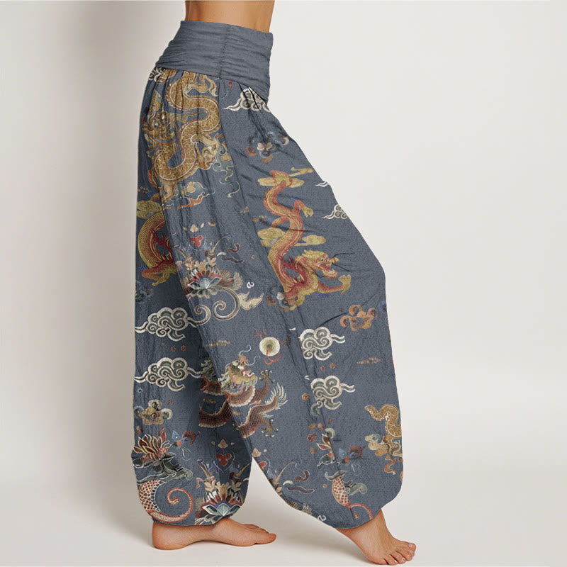 Pantaloni harem da donna in cotone elasticizzato con motivo a nuvole di buon auspicio e draghi dorati, motivo Buddha Stones