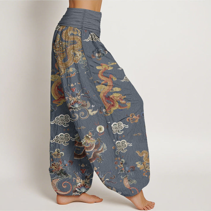 Pantaloni harem da donna in cotone elasticizzato con motivo a nuvole di buon auspicio e draghi dorati, motivo Buddha Stones