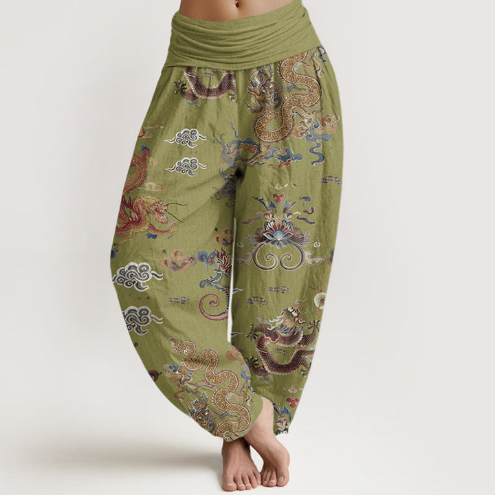 Pantaloni harem da donna in cotone elasticizzato con motivo a nuvole di buon auspicio e draghi dorati, motivo Buddha Stones