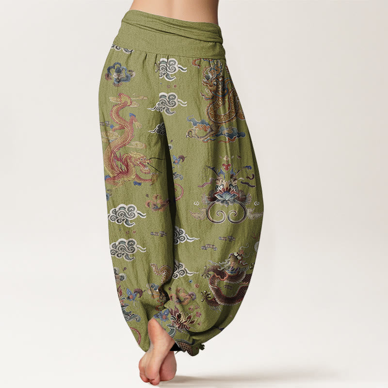 Pantaloni harem da donna in cotone elasticizzato con motivo a nuvole di buon auspicio e draghi dorati, motivo Buddha Stones