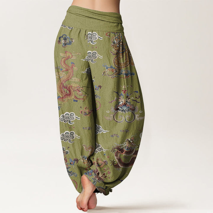 Pantaloni harem da donna in cotone elasticizzato con motivo a nuvole di buon auspicio e draghi dorati, motivo Buddha Stones