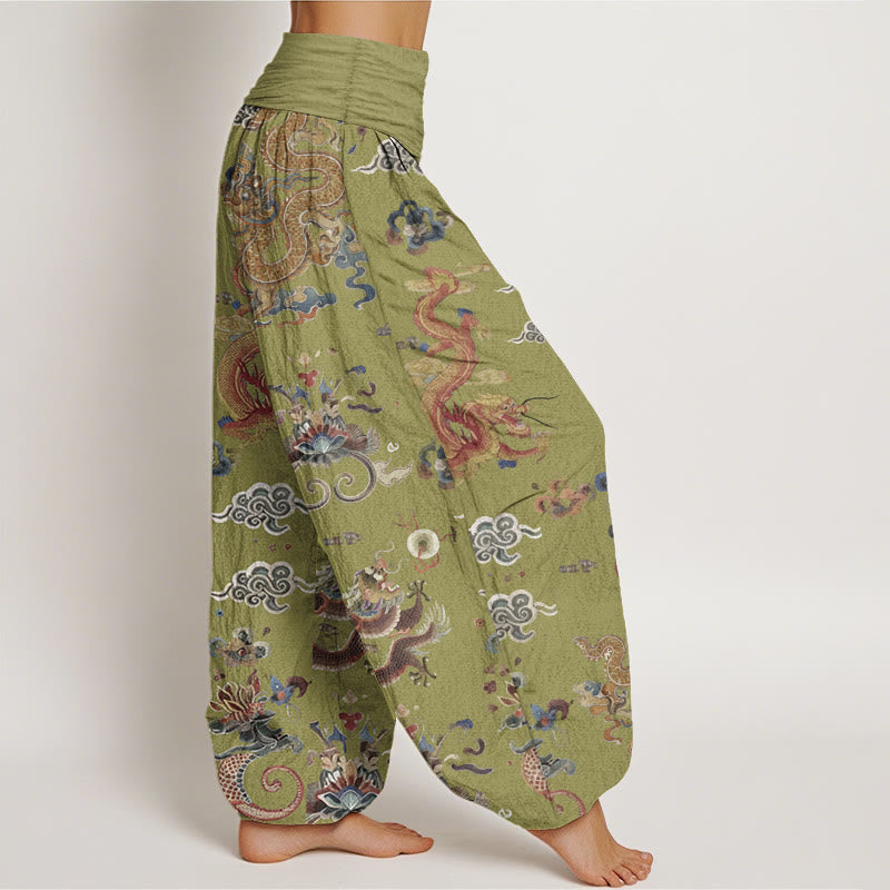 Pantaloni harem da donna in cotone elasticizzato con motivo a nuvole di buon auspicio e draghi dorati, motivo Buddha Stones