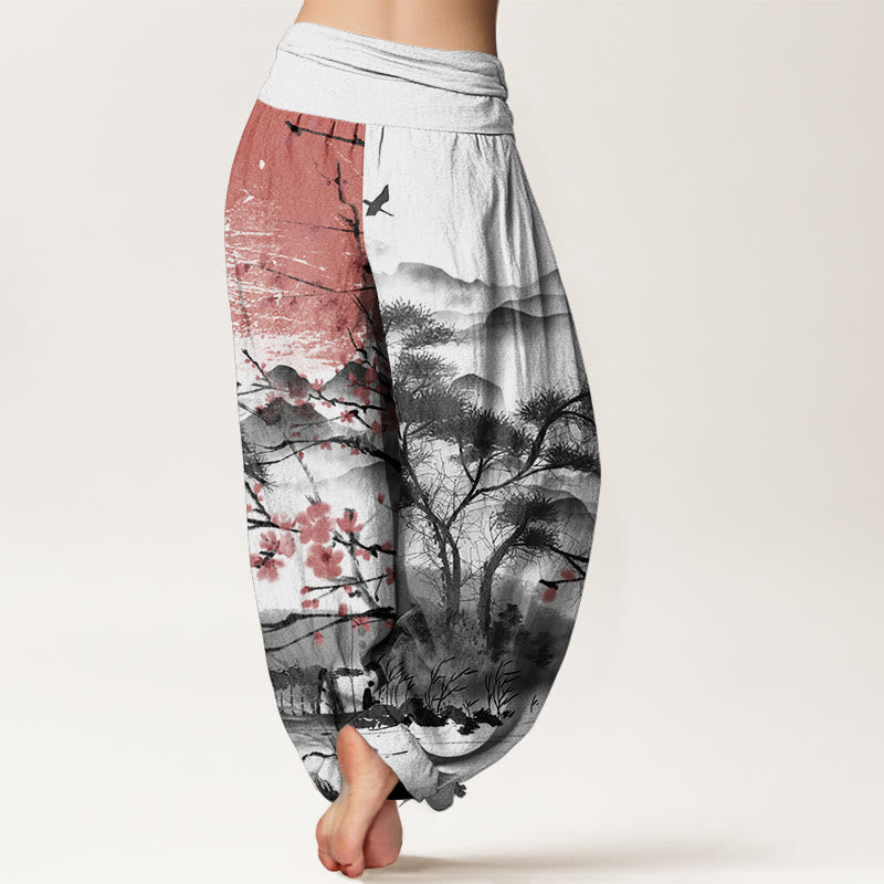 Pantaloni harem da donna con elastico in vita, modello Buddha Stones, in puro cotone, casual, con motivo a fiori di prugna rossi e montagne.