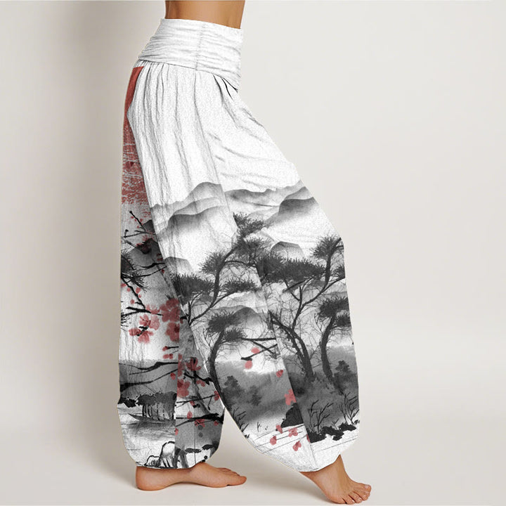 Pantaloni harem da donna con elastico in vita, modello Buddha Stones, in puro cotone, casual, con motivo a fiori di prugna rossi e montagne.