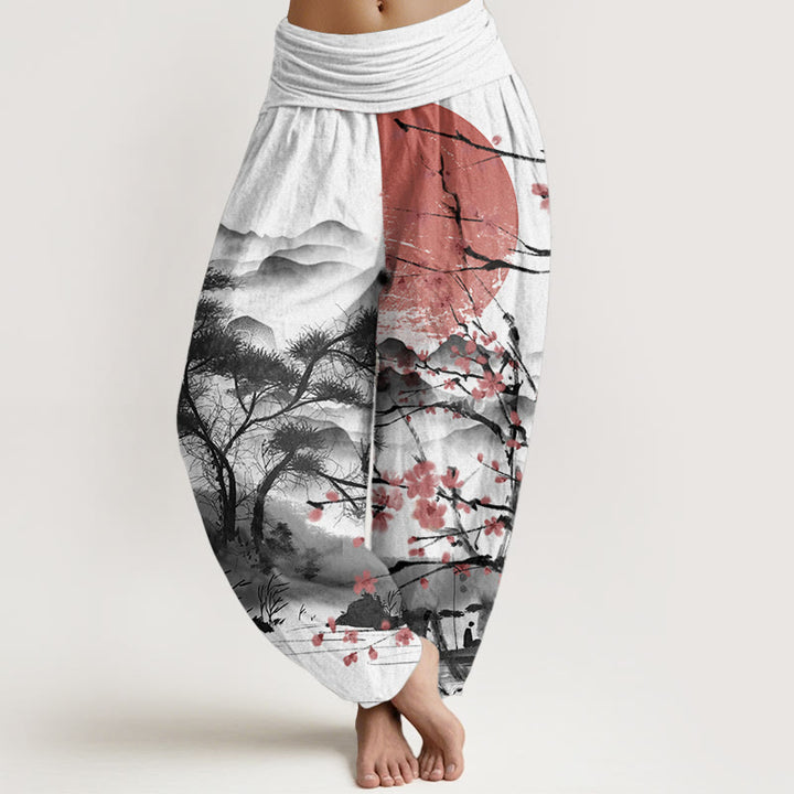 Pantaloni harem da donna con elastico in vita, modello Buddha Stones, in puro cotone, casual, con motivo a fiori di prugna rossi e montagne.