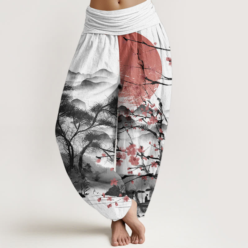 Pantaloni harem da donna con elastico in vita, modello Buddha Stones, in puro cotone, casual, con motivo a fiori di prugna rossi e montagne. - Bianco - US22, UK/AU26, EU54 (6XL) - image 0