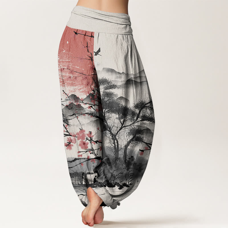 Pantaloni harem da donna con elastico in vita, modello Buddha Stones, in puro cotone, casual, con motivo a fiori di prugna rossi e montagne.