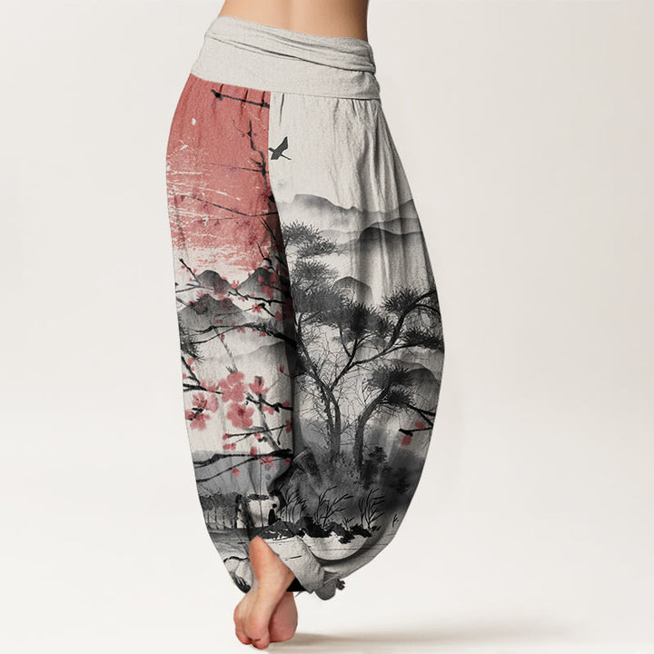 Pantaloni harem da donna con elastico in vita, modello Buddha Stones, in puro cotone, casual, con motivo a fiori di prugna rossi e montagne.