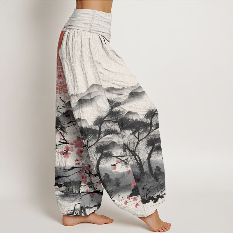 Pantaloni harem da donna con elastico in vita, modello Buddha Stones, in puro cotone, casual, con motivo a fiori di prugna rossi e montagne.
