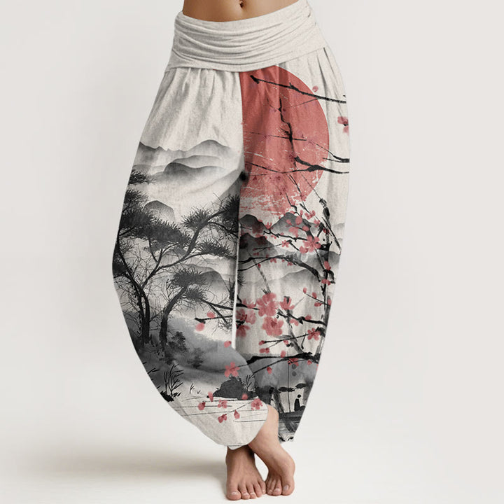 Pantaloni harem da donna con elastico in vita, modello Buddha Stones, in puro cotone, casual, con motivo a fiori di prugna rossi e montagne.