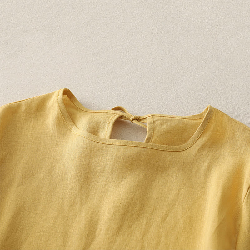 T-shirt da donna in poliestere con scollo a giro, casual, tinta unita, orlo arricciato e cravatta Buddha Stones - image 1