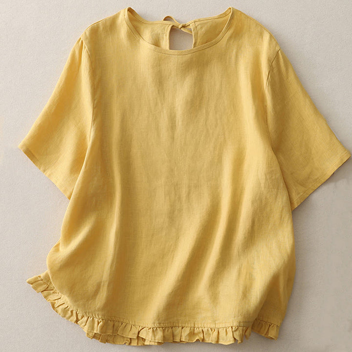 T-shirt da donna in poliestere con scollo a giro, casual, tinta unita, orlo arricciato e cravatta Buddha Stones - Oro - US8-10, UK/AU12-14, EU40-42 (2XL) - image 1