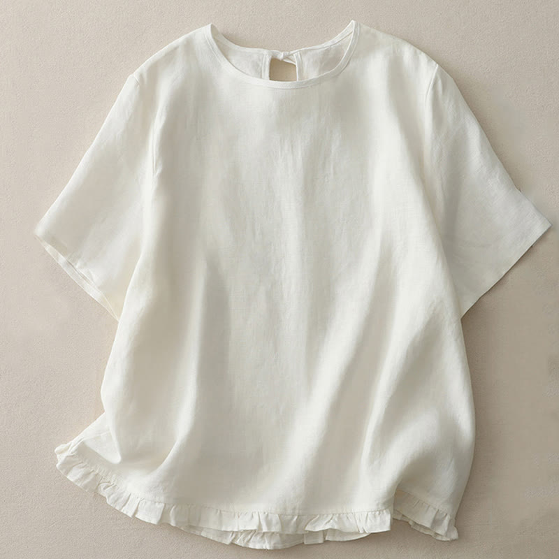 T-shirt da donna in poliestere con scollo a giro, casual, tinta unita, orlo arricciato e cravatta Buddha Stones - image 7