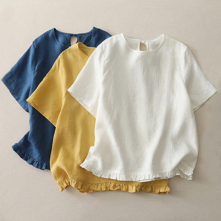T-shirt da donna in poliestere con scollo a giro, casual, tinta unita, orlo arricciato e cravatta Buddha Stones - image 17