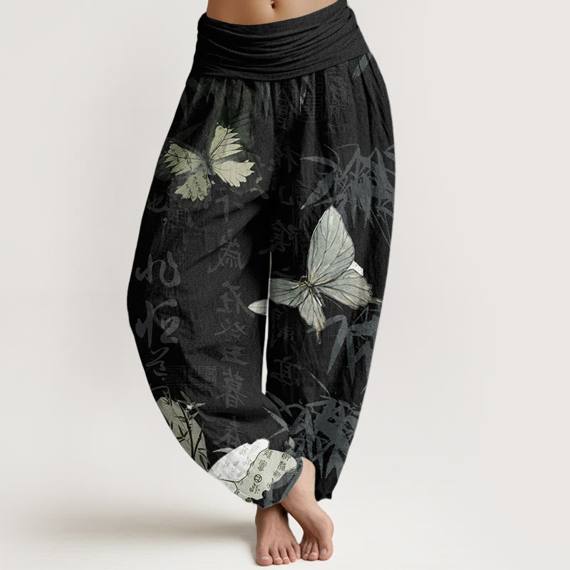Pantaloni harem da donna con elastico in vita, in puro cotone, con motivo a farfalle, foglie di bambù e caratteri cinesi, motivo Buddha Stones - Nero - US22, UK/AU26, EU54 (6XL) - image 0