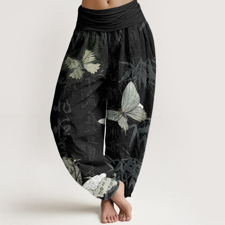 Pantaloni harem da donna con elastico in vita, in puro cotone, con motivo a farfalle, foglie di bambù e caratteri cinesi, motivo Buddha Stones