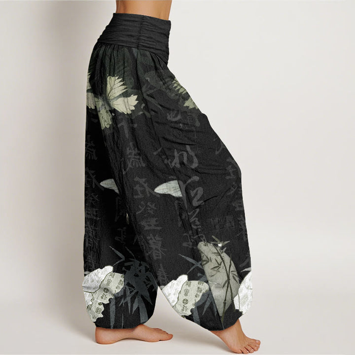 Pantaloni harem da donna con elastico in vita, in puro cotone, con motivo a farfalle, foglie di bambù e caratteri cinesi, motivo Buddha Stones