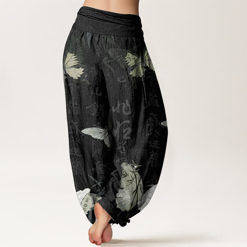 Pantaloni harem da donna con elastico in vita, in puro cotone, con motivo a farfalle, foglie di bambù e caratteri cinesi, motivo Buddha Stones