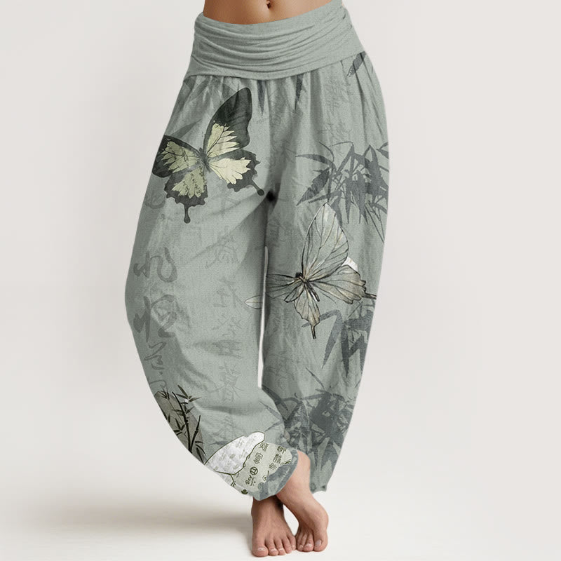 Pantaloni harem da donna con elastico in vita, in puro cotone, con motivo a farfalle, foglie di bambù e caratteri cinesi, motivo Buddha Stones