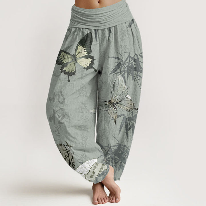 Pantaloni harem da donna con elastico in vita, in puro cotone, con motivo a farfalle, foglie di bambù e caratteri cinesi, motivo Buddha Stones