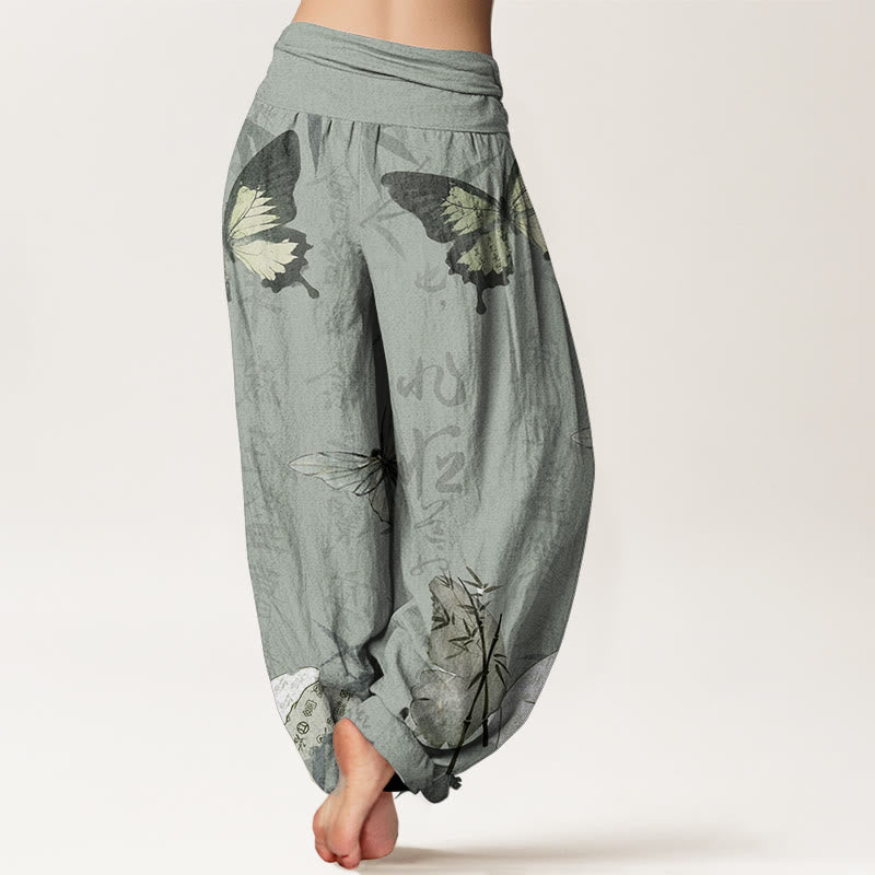 Pantaloni harem da donna con elastico in vita, in puro cotone, con motivo a farfalle, foglie di bambù e caratteri cinesi, motivo Buddha Stones
