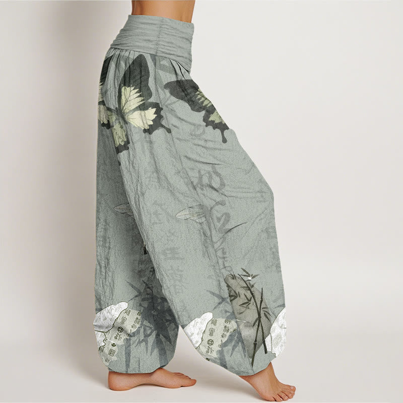 Pantaloni harem da donna con elastico in vita, in puro cotone, con motivo a farfalle, foglie di bambù e caratteri cinesi, motivo Buddha Stones