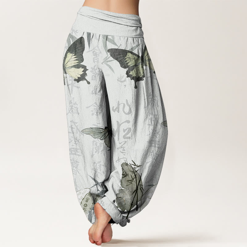 Pantaloni harem da donna con elastico in vita, in puro cotone, con motivo a farfalle, foglie di bambù e caratteri cinesi, motivo Buddha Stones