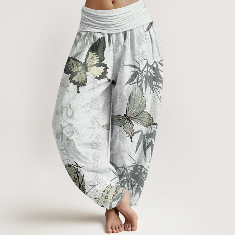 Pantaloni harem da donna con elastico in vita, in puro cotone, con motivo a farfalle, foglie di bambù e caratteri cinesi, motivo Buddha Stones