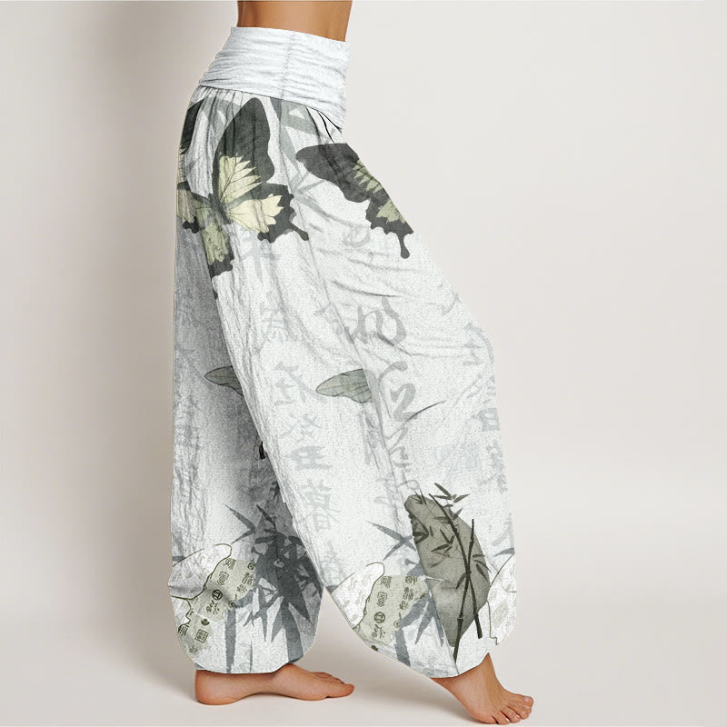 Pantaloni harem da donna con elastico in vita, in puro cotone, con motivo a farfalle, foglie di bambù e caratteri cinesi, motivo Buddha Stones