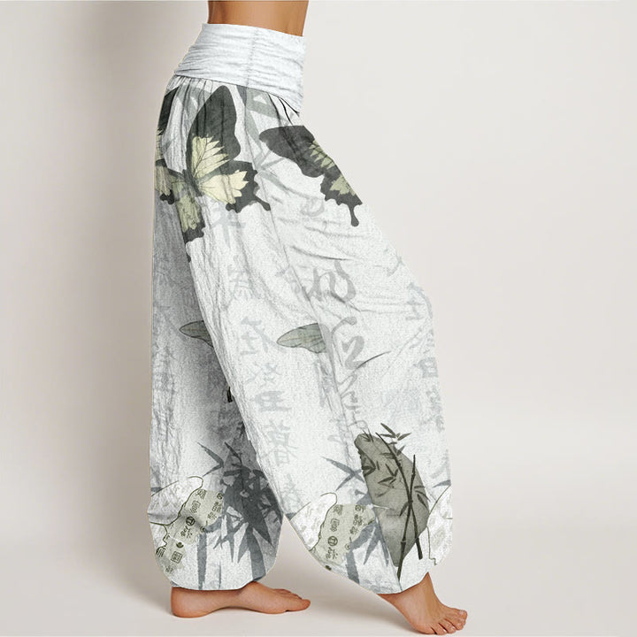 Pantaloni harem da donna con elastico in vita, in puro cotone, con motivo a farfalle, foglie di bambù e caratteri cinesi, motivo Buddha Stones