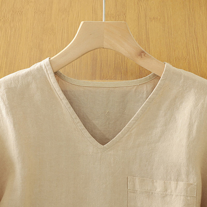 T-shirt casual da donna in cotone e lino con scollo a V e tasca Buddha Stones - image 2