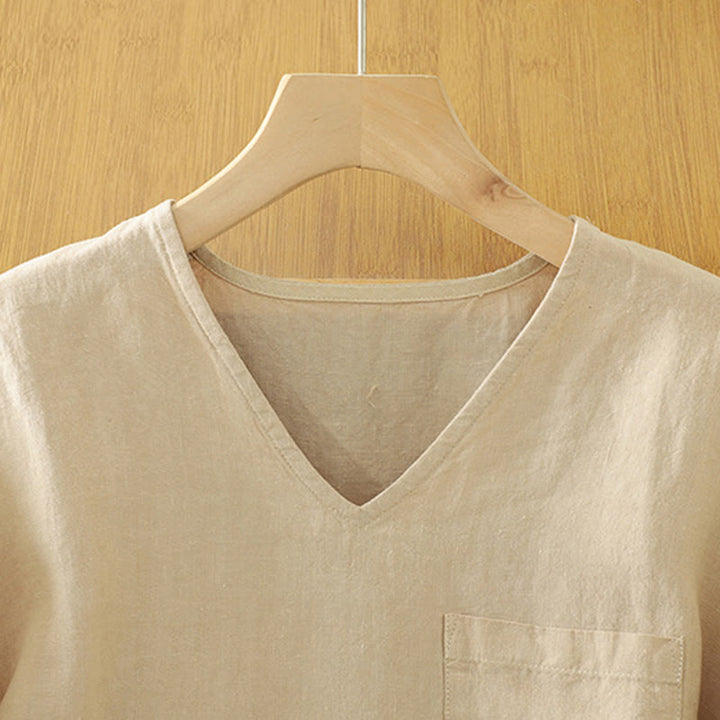 T-shirt casual da donna in cotone e lino con scollo a V e tasca Buddha Stones - image 2